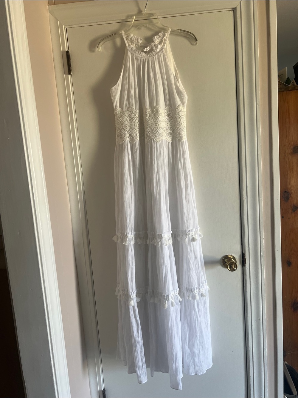 Eliza J White Halter Lace-Trim Maxi Dress